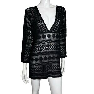 J. Valdi Sheer Black V-Neck Long Sleeve Lace Swimsuit Coverup